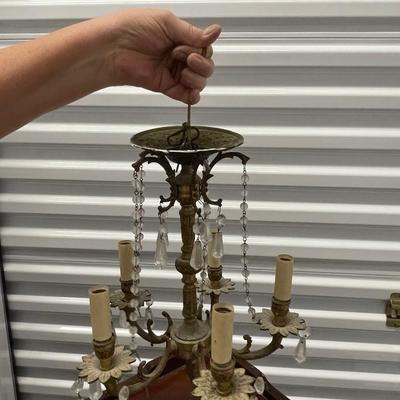 Brass and Crystal chandelier with crystals. Vintage. 13” tall. 11” wide.  Electric but needs to be Re-wired. See details.