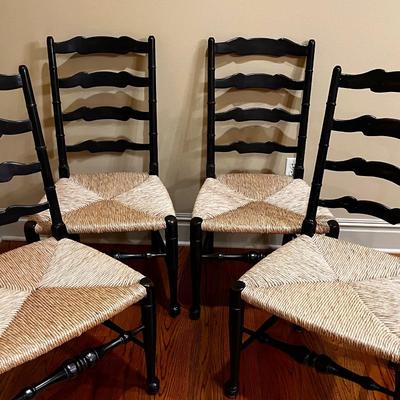 Set Four (4) ~ Black Distressed ~ Ladder Back Side Chairs With Rush Seats ~ Excellent Condition