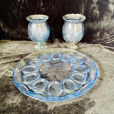 Blue Glass Egg Plate and Pair of Vases. (BR1-SL)