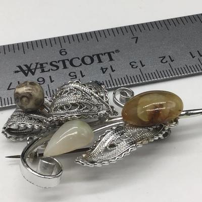 Silver Tone Stone Brooch