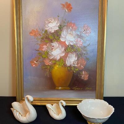 LOT 50: Floral Signed Painting & Lenox  Swan Trinket Dishes & More