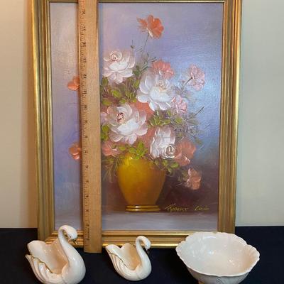 LOT 50: Floral Signed Painting & Lenox  Swan Trinket Dishes & More
