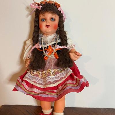 LOT 92C: Vintage Celluloid Doll in Handmade Dress & Head Piece