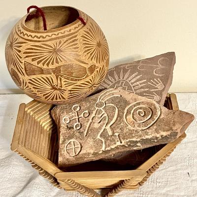 Lot 262 Folk Art Group Hanging Carved Gourd Faux Petroglyphs Popsicle Stick Bowl