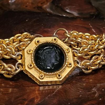Lot 15: RARE Vintage GERARD YOSCA Gold & Carved Black Onyx Helen of Troy Bracelet
