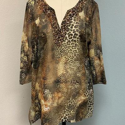 Chico's Sheer Animal Print Tunic Over the Head Blouse Top Size 2 Large 12