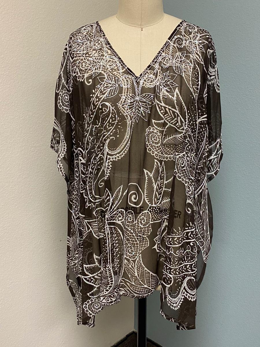 Chico's Brown and White Tropical Print Sheer Coverup Loungewear Blouse ...