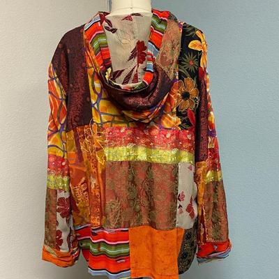 Chico's Design Size 3 Patchwork Style Hooded Button Front Lightweight Coat Blouse