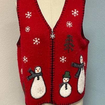 Coldwater Creek Red Christmas Holiday Sweater Vest Zip Front Snowmen