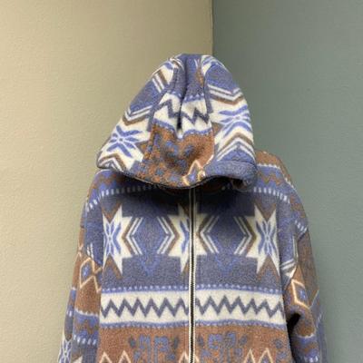 Beige and Blue Southwestern Winter Print Warm Fleece Zipper Jacket Hoodie NY 10018 Size M