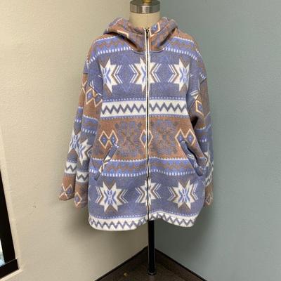 Beige and Blue Southwestern Winter Print Warm Fleece Zipper Jacket Hoodie NY 10018 Size M