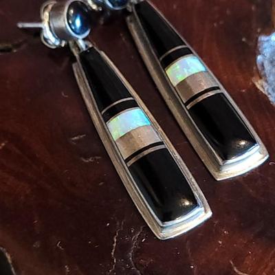 Lot 75: Navajo Sterling Silver, Opal and Onyx Earrings by Webster