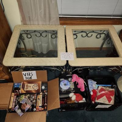 Wrought iron marble and glass tables, vhs tapes, beanie babies