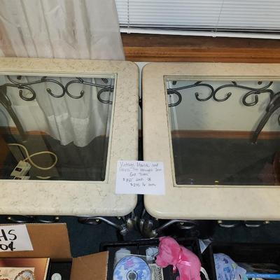 Wrought iron marble and glass tables, vhs tapes, beanie babies