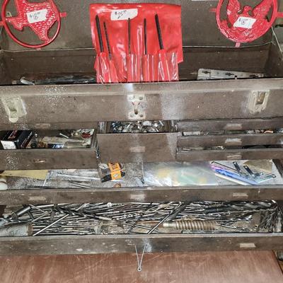Toolbox and tools, rolling wood cart, and more