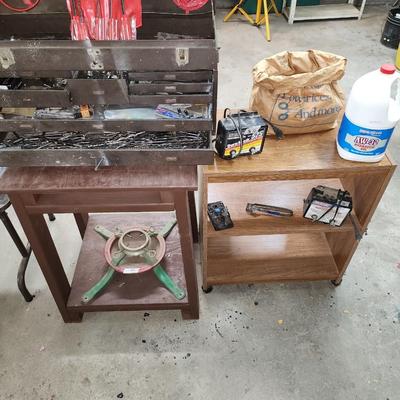 Toolbox and tools, rolling wood cart, and more