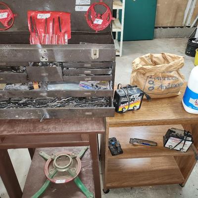 Toolbox and tools, rolling wood cart, and more