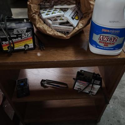 Toolbox and tools, rolling wood cart, and more