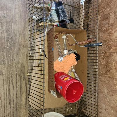 Misc paint supplies and wire bin