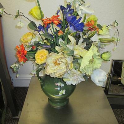 Silk Flowers in Green Vase