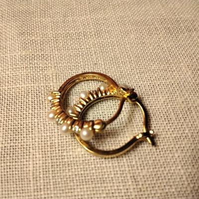 VINTAGE ROSS SIMONS GILTED STERLING PEARL DIAMOND HOOP PIERCED EARRINGS