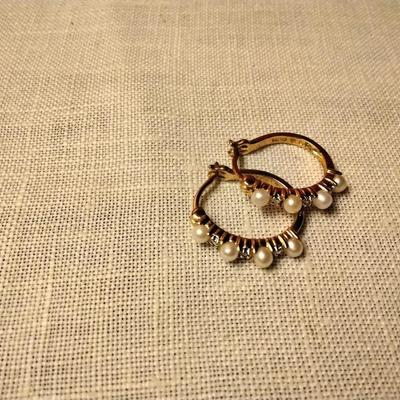 VINTAGE ROSS SIMONS GILTED STERLING PEARL DIAMOND HOOP PIERCED EARRINGS