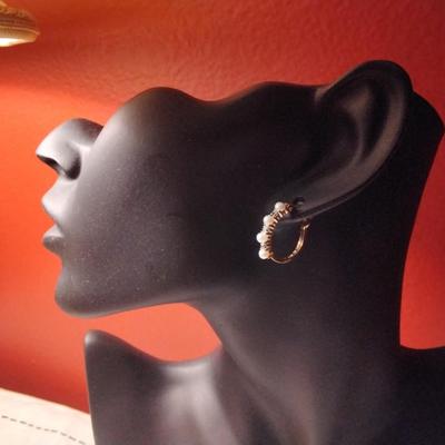 VINTAGE ROSS SIMONS GILTED STERLING PEARL DIAMOND HOOP PIERCED EARRINGS