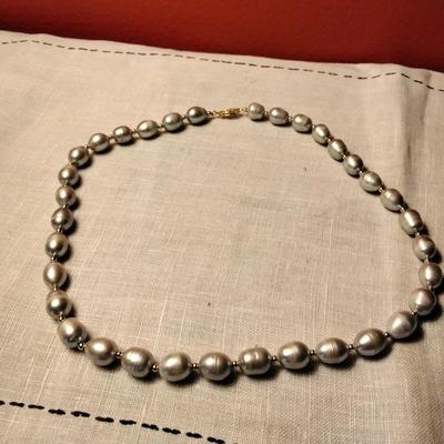 20" Baroque Silver Pearl Necklace With 14k Gold Clasp and Beads