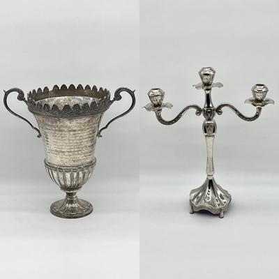 Pair (2) Silver Plated Ice Bucket & Candelabra