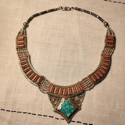 Vintage 30.00ctw Green/Red Turquoise & Carnelian Gold Vermeil Necklace 99.7g
