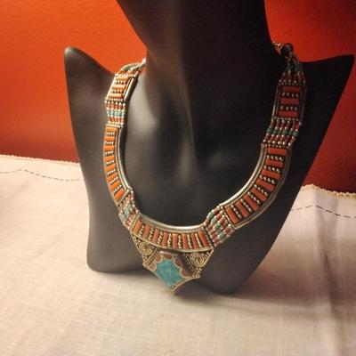 Vintage 30.00ctw Green/Red Turquoise & Carnelian Gold Vermeil Necklace 99.7g