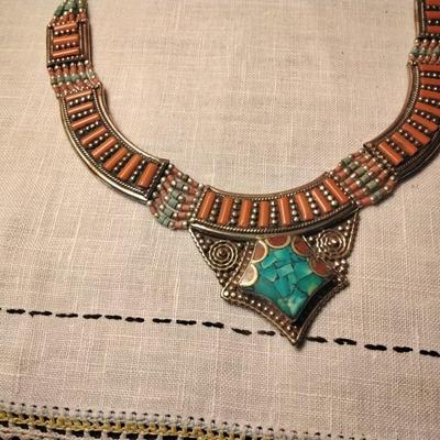 Vintage 30.00ctw Green/Red Turquoise & Carnelian Gold Vermeil Necklace 99.7g