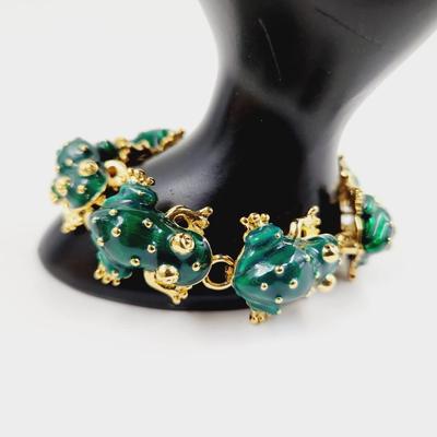 CUTE KJL GOLD TONED & GREEN FROG BRACELET