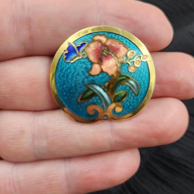 VINTAGE SITI GOLD TONED CLOISONNE FLORAL BOHO ENAMEL FLOWER EARRINGS
