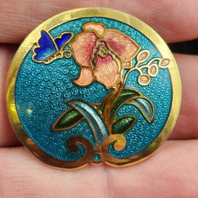 VINTAGE SITI GOLD TONED CLOISONNE FLORAL BOHO ENAMEL FLOWER EARRINGS