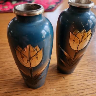Pair of Metal Turned and Decorated Vases