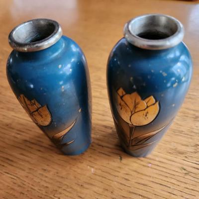 Pair of Metal Turned and Decorated Vases