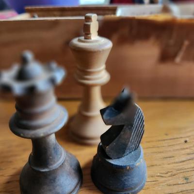 Vintage Hand-Carved Wood Chess Set with Box