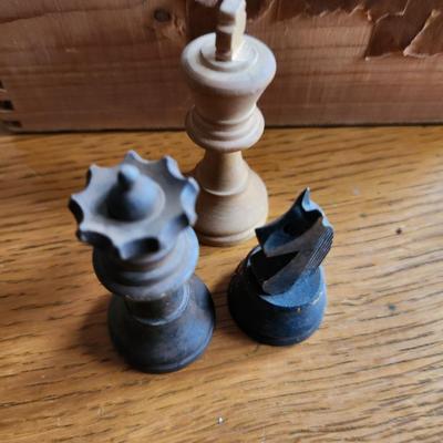 Vintage Hand-Carved Wood Chess Set with Box