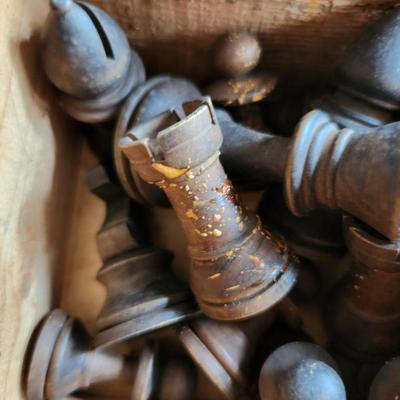 Vintage Hand-Carved Wood Chess Set with Box