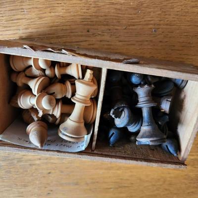Vintage Hand-Carved Wood Chess Set with Box