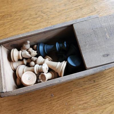 Vintage Hand-Carved Wood Chess Set with Lidded Box