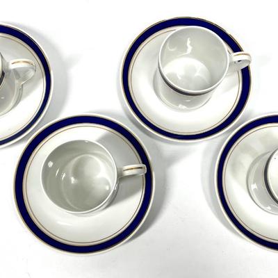 Crown Porcelain Thailand Set of four white and navy blue patterned miniature coffee cups and saucers