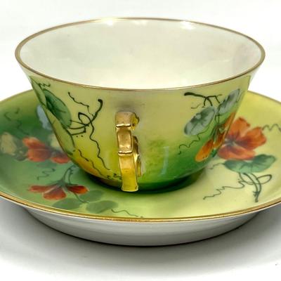 Larose France Green orange flower patterned tea cup and saucer