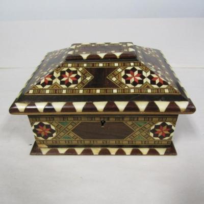 Wooden Storage Box with Colorful Inlay- Key Included