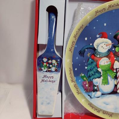 HAPPY HOLIDAYS SNOWMAN CAKE PLATTER W/ SERVING UTENSIL