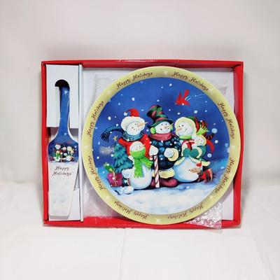 HAPPY HOLIDAYS SNOWMAN CAKE PLATTER W/ SERVING UTENSIL