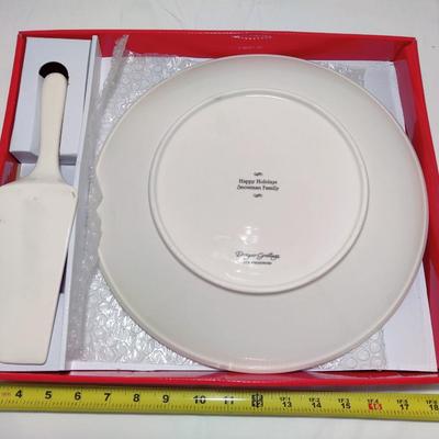 HAPPY HOLIDAYS SNOWMAN CAKE PLATTER W/ SERVING UTENSIL