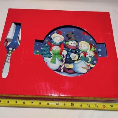 HAPPY HOLIDAYS SNOWMAN CAKE PLATTER W/ SERVING UTENSIL