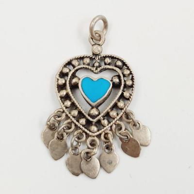 . 925 SILVER & TURQUOISE HEART & CHARMS PENDANT